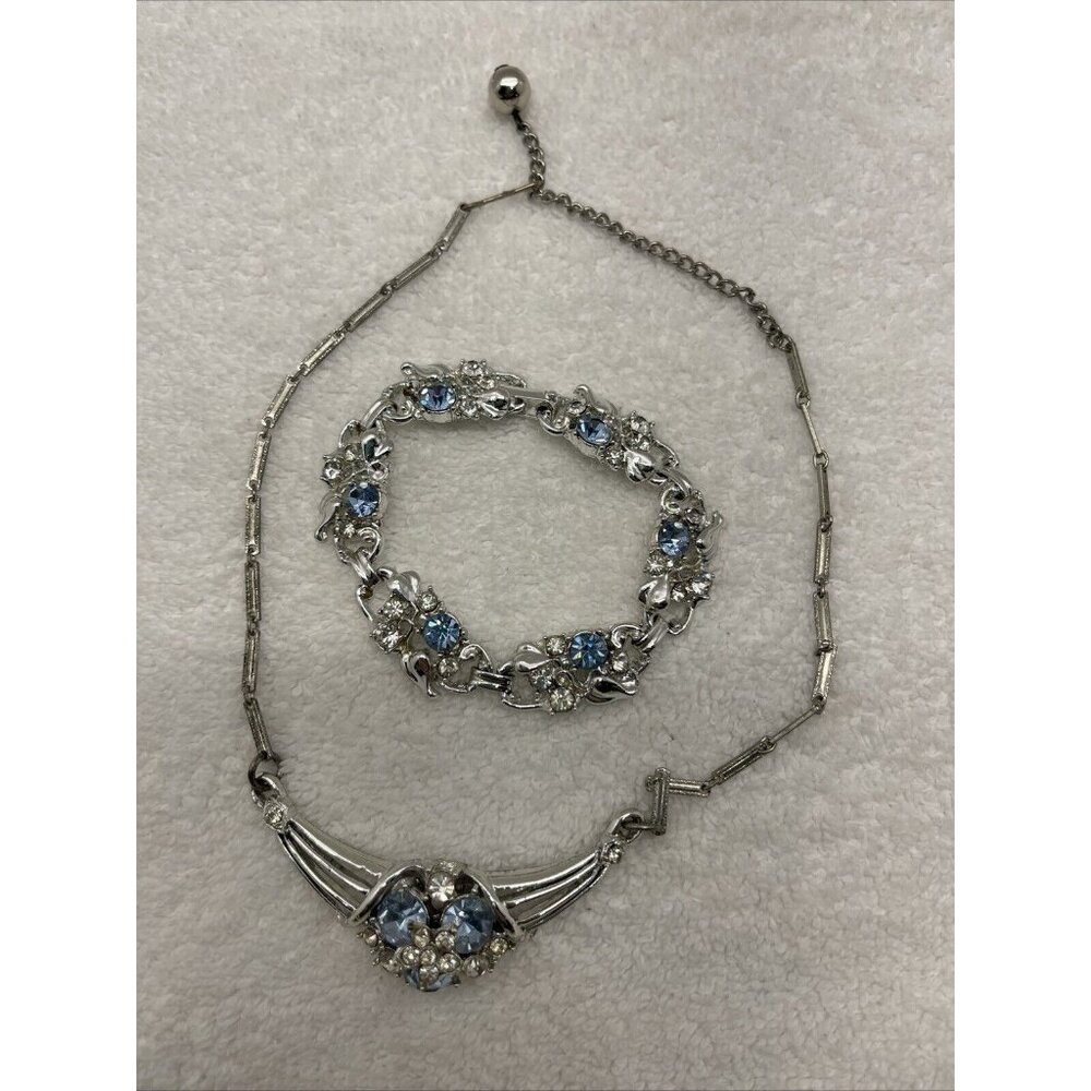 Vintage Pale Blue And Clear Rhinestone Necklace Bracelet Set